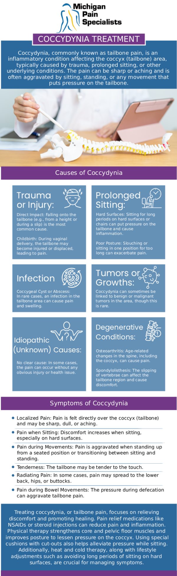 Common questions asked by clients: What is coccydynia, and how is it treated? How long does it take to get relief from coccydynia treatment? What noninvasive options are available for tailbone pain relief? How can board-certified doctors at Michigan Pain Specialists help with coccydynia tailbone pain in Ann Arbor, MI? For more information, contact us or request an appointment online. We are conveniently located at 710 Avis Dr #200, Ann Arbor, MI 48108. We serve patients from Ann Arbor MI, Saline MI, Ypsilanti MI, Dexter MI, and surrounding areas.