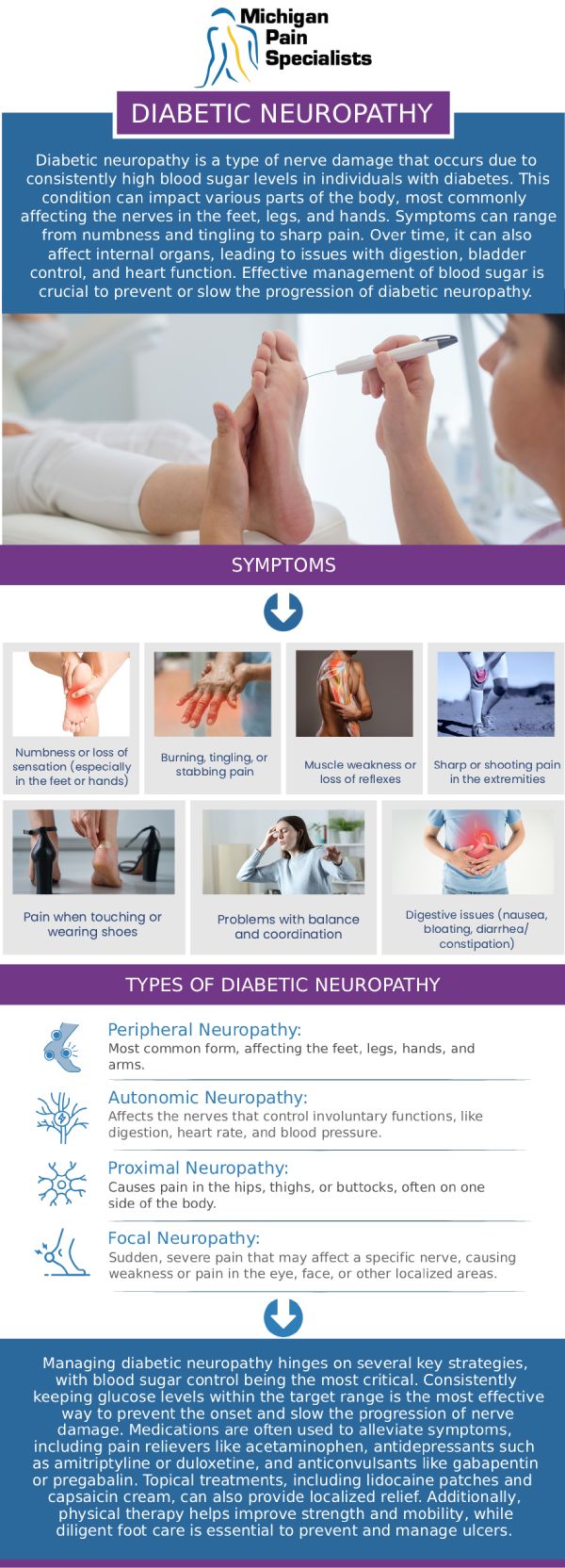 Common questions asked by clients: What is diabetic neuropathy, and how is it treated? How long does it take to see improvement with diabetic neuropathy treatment? What noninvasive treatments are available for diabetic neuropathy? How can specialists at Michigan Pain Specialists help with diabetic neuropathy? For more information, contact us or request an appointment online. We are conveniently located at 710 Avis Dr #200, Ann Arbor, MI 48108. We serve patients from Ann Arbor MI, Saline MI, Ypsilanti MI, Dexter MI, and surrounding areas.