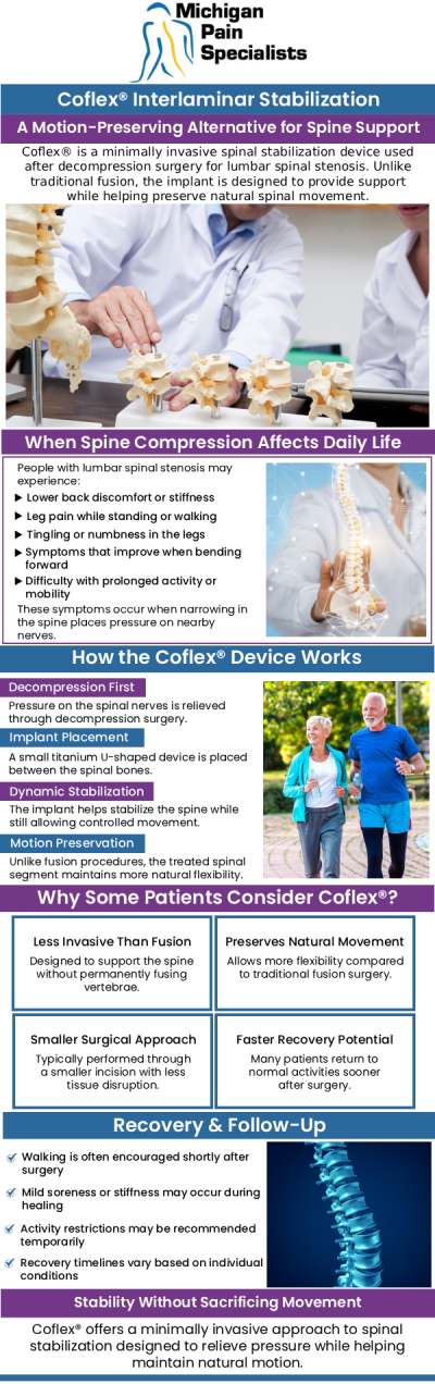 Common questions asked by patients: What is Coflex treatment, and how does it help with spinal stenosis? Who is a good candidate for Coflex treatment? Is Coflex treatment covered by insurance? What Coflex treatments are offered at Michigan Pain Specialists for Coflex? For more information, contact us or request an appointment online. We are conveniently located at 710 Avis Dr #200, Ann Arbor, MI 48108. We serve patients from Ann Arbor MI, Saline MI, Ypsilanti MI, Dexter MI, and surrounding areas. Common questions asked by patients: What is Coflex treatment, and how does it help with spinal stenosis? Who is a good candidate for Coflex treatment? Is Coflex treatment covered by insurance? What Coflex treatments are offered at Michigan Pain Specialists for Coflex? For more information, contact us or request an appointment online. We are conveniently located at 710 Avis Dr #200, Ann Arbor, MI 48108. We serve patients from Ann Arbor MI, Saline MI, Ypsilanti MI, Dexter MI, and surrounding areas.