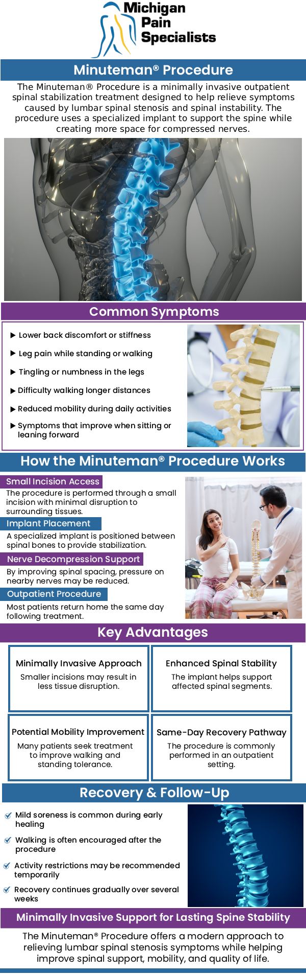 Common questions asked by patients: What is the Minuteman procedure? How does the Minuteman procedure help with spinal pain? How long does recovery take after a Minuteman procedure? Where can I consult a doctor for a Minuteman procedure in Ann Arbor, MI? For more information, contact us or request an appointment online. We are conveniently located at 710 Avis Dr #200, Ann Arbor, MI 48108. We serve patients from Ann Arbor MI, Saline MI, Ypsilanti MI, Dexter MI, and surrounding areas.
